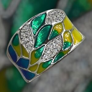12mm Vintage Enameled Boho Green Leaves Ring Sz 9